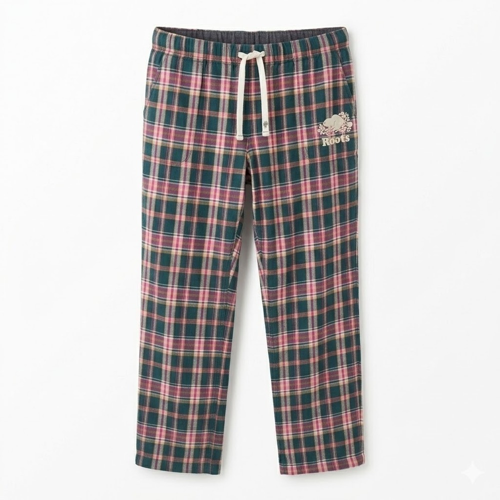 Roots Canada Mens LARGE Green Plaid Cotton Lounge Pajama Pants Drawstring Logo